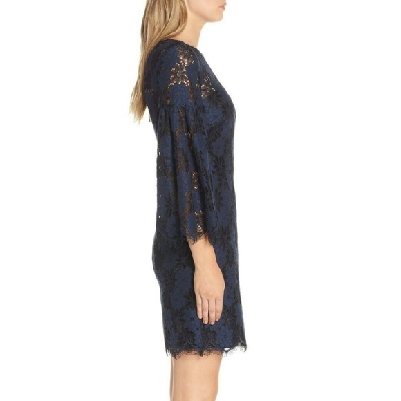 Trina Turk Embroidered Sheer Bell Sleeve 2-Tone Blue Black Lace Dress 4 Small - Picture 3 of 13